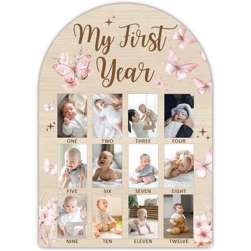 Butterfly My First Year Photo Board Frame, 12 Monthly Baby Milestone Wooden Sign, Gender Neutral Nursery Decor for Girl Boy, Baby Keepsake Gifts for 1st Butterfly Birthday Decorations-A14