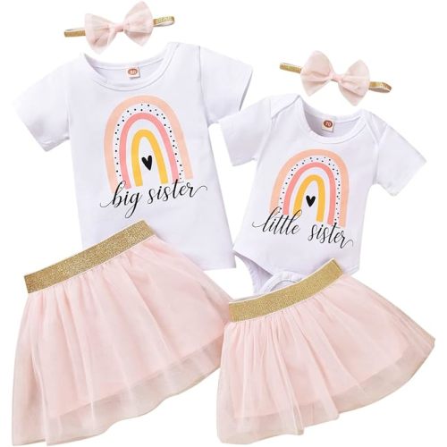 Big Sister Little Sister Matching Outfits Baby Girl Romper/Toddler Girl T-shirt Tops with Tutu Skirt Clothes Set