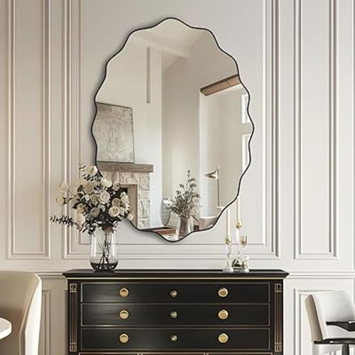 Irregular Wall Mirror Asymmetrical Mirror,26"x36" Wall Mirrors Decorative Mirror Wall-Mounted Mirrors Modern Unique Organic Mirror for Wall Decor Living Room Bathroom Bedroom Entryway Black