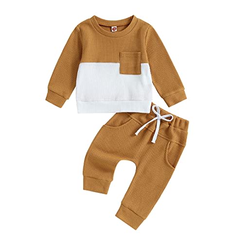 One opening 0-3T Toddler Baby Boy Clothes Patchwork Waffle Sweatshirt Pullover Shirt Top Pants Infant Boy Fall Winter Outfit