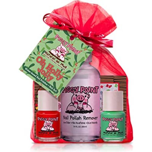 Piggy Paint | 100% Non-Toxic Girls Nail Polish | Safe, Cruelty-free, Vegan, & Low Odor Nail Polish for Kids | Christmas Oh Holly Jolly Gift Set (2 Polish, 1 Remover & Nail Art)