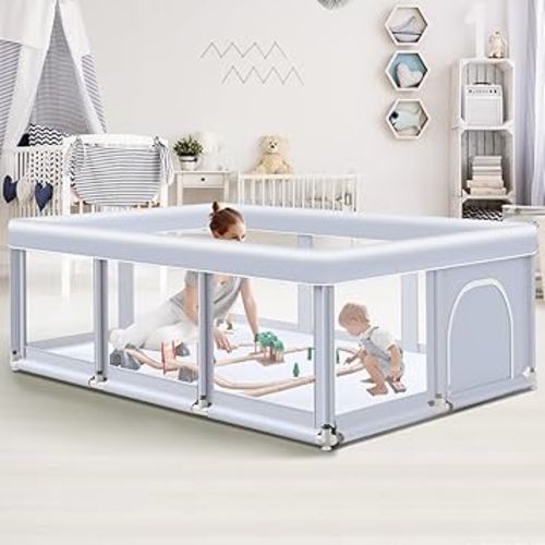 Baby Playpen 74"x50" Play Pens for Babies and Toddlers, Large Play Yards for Indoor & Outdoor with Zipper Gates, Breathable Mesh with Anti-Slip Base