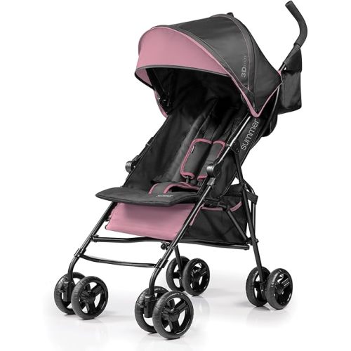 Summer by Ingenuity 3D Mini Convenience Stroller – Lightweight Stroller with Compact Fold, Multi-Position Recline, Canopy with Pop Out Sun Visor and More – Umbrella Stroller for Travel, Pink