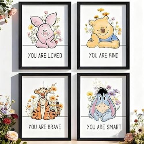 Cute Winnie the Pooh Quote Framed Wall Art Set of 4, Boho Educational You are Brave Strong Smart Kind Saying Sign for Baby Girl Kid Boy Toddlers, Black Wooden Preschool Inspirational Nursery Wall Decor
