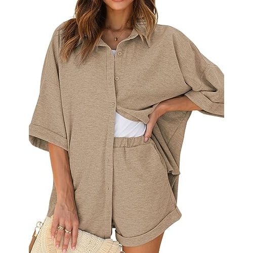 Ekouaer Waffle Knit Lounge Sets for Women Short Sleeve Pajamas Button Down Pjs Oversized Loungewear Shorts Set