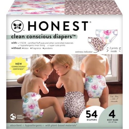 The Honest Company Clean Conscious Diapers | Plant-Based, Sustainable | Wild Thang + Rose Blossom | Club Box, Size 4 (22-37 lbs), 54 Count