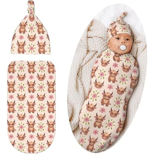 Cow Swaddle Blanket with Hat for Baby, Swaddling Sleeping Sacks, Unisex Baby Stuff, Highland Cow Print