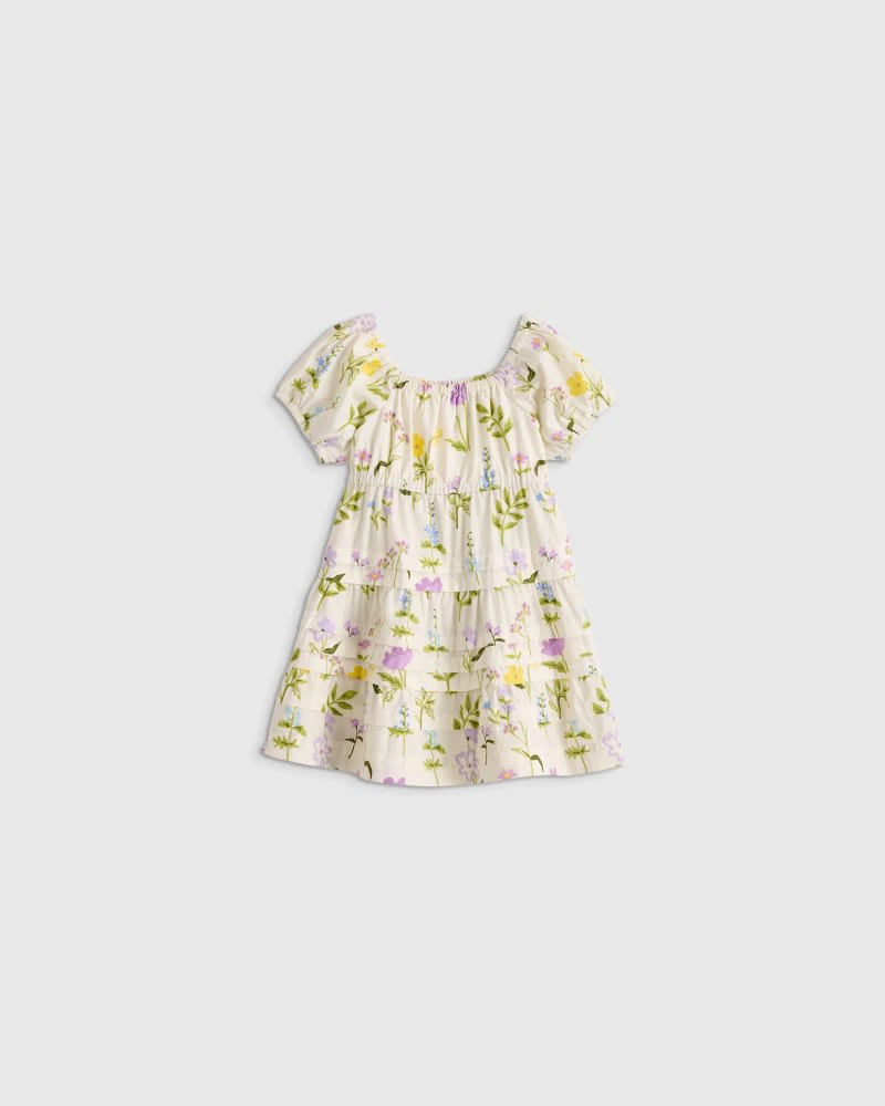 Girl's 100% Organic Cotton Poplin Tiered Dress in Wildflower Botanical