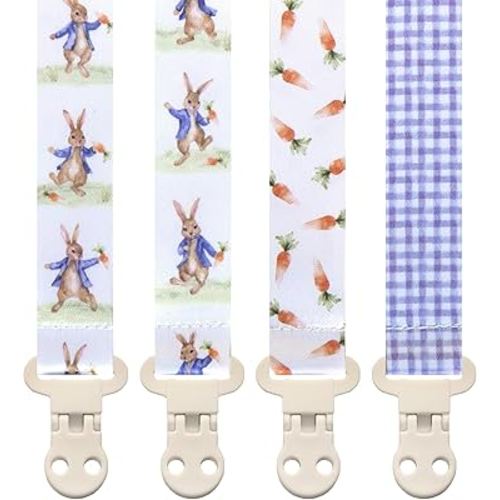 Baby Pacifier Clip Holder - Boy and Girl Unisex 4 Pack Gift Set – Neutral Vintage Rabbits and Carrots Beige Blue Brown Peter