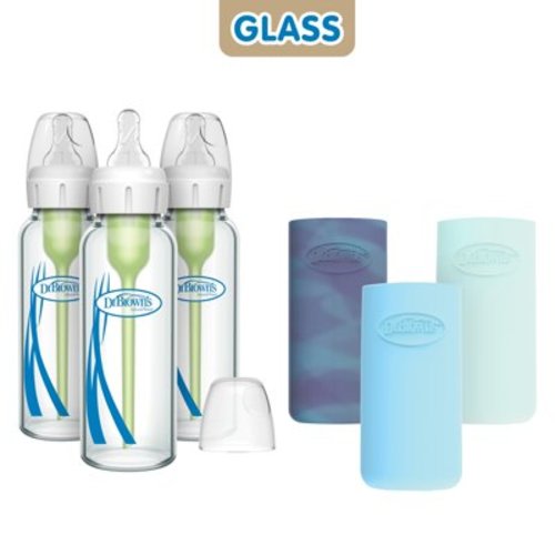 Dr. Brown's Anti-Colic Options+ Narrow Glass Baby Bottle, 8 oz/250 ml + Silicone Sleeves, Blue, Glow, Mint, BPA Free, 0m+, 3 Pack