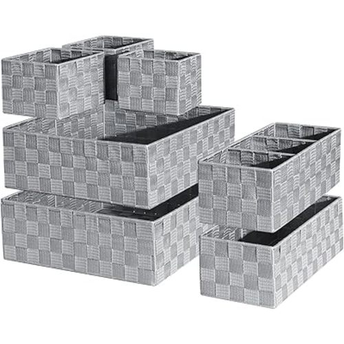 Drawer Organizer, Cube Baskets for Storage Shelves, Handmade Small Woven Basket, Shallow Storage Bins for Organizing Desk, Dresser, Kitchen, Pantry, Nested 7 Pack, Gray