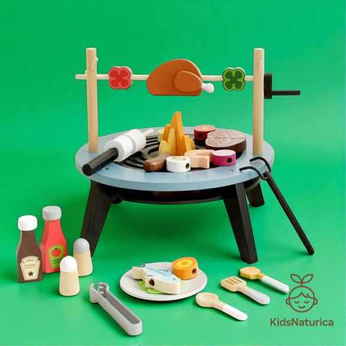 Wooden Kids BBQ Play Set – Montessori Pretend Grill Toy with Accessories – Toddler Cooking Kitchen Gift – Outdoor Summer Role Play