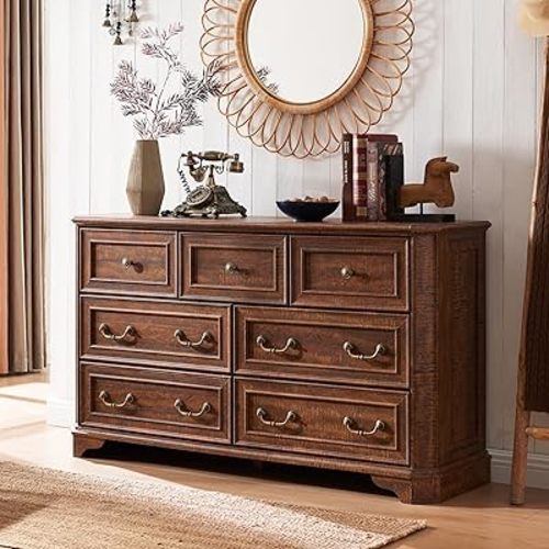 T4TREAM Farmhouse 7 Drawers Dresser for Bedroom, 54" Wide Wood Rustic Chest of Drawers with Natural Texture, Vintage Design, Storage Dressers Organizer for Bedroom, Living Room, Reclaimed Barnwood