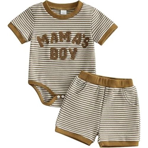 Mamas Boy Baby Clothes​ Summer Newborn 3 6 9 12 Months Striped Waffle Knit Short Sleeve Romper Shorts Set Outfit