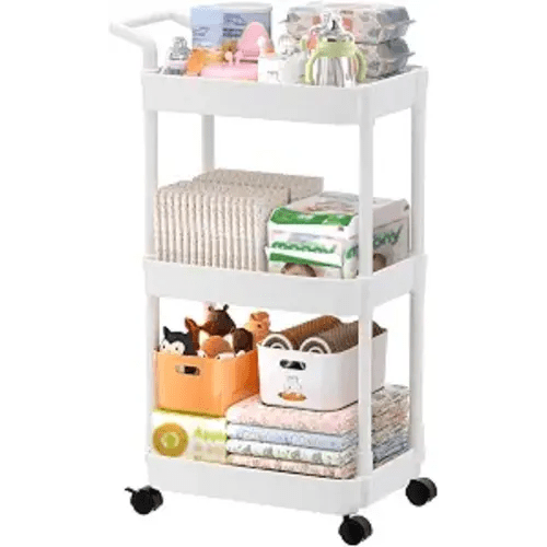 Diaper Caddy, 3 Tier Rolling Cart for Baby Essentials, Off-White