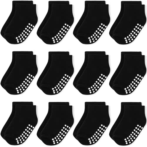 JAKIDAR 12 Pair Baby Toddler Socks Non-Slip Grip Cotton Ankle Socks for Boys Girls Non Skid Soles for Infants Kids