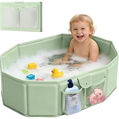 Toddler Bathtub for Shower (12M-5Y) – Large Collapsible Portable Tub Converts Shower Stall to Bath – Sturdy, Non-Slip with Mesh Storage Pocket & Fast Drain for Kids & Small Bathroom