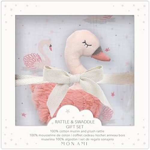 MON AMI French Swan Baby Blanket & Rattle Gift Set – Soft 47" Cotton Muslin Swaddle for Newborns, Tummy Time, Sunshield, Nursing Cover & Privacy Throw with 6" Plush Rattle