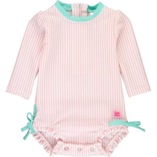 RuffleButts Baby/Toddler Girls Seersucker Long Sleeve One Piece Rash Guard Swimsuit with UPF 50+ Sun Protection