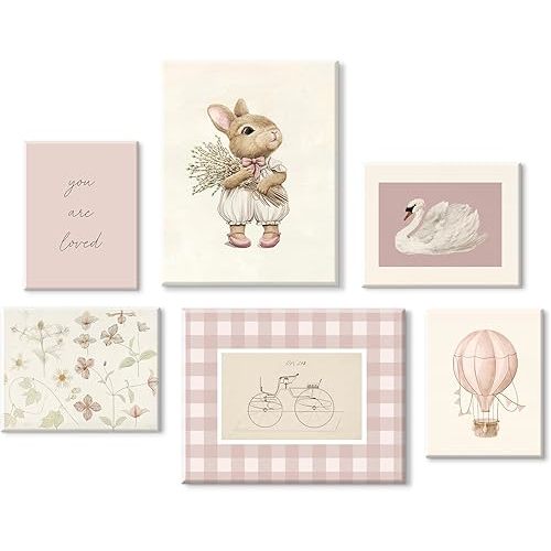 Pink Nursery Wall Art Baby Girl Canvas Wall Decor Vintage Poster Bunny Flower Wall Art Antique Preppy Pictures Animal Floral Prints Kids Swans Painting for Girls Room Bedroom 8x10x6 Inch Framed