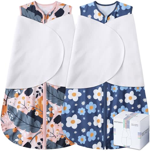 BSTOPPT Newborn Sleep Sack Baby Swaddle,3-Way Adjustable Wearable Blanket,100% Rayon Cotton Swaddling Sleeping Bag，TOG 0.5 (Gerbera & Tulips, 6-12 Months)