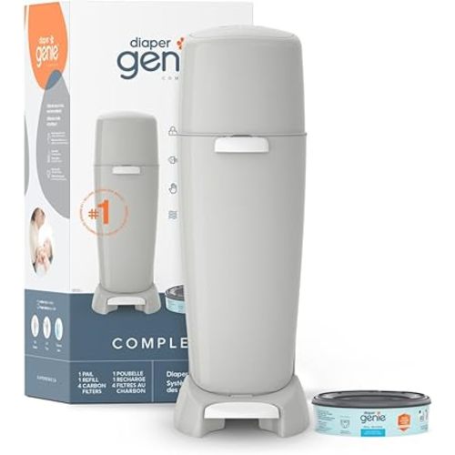 Diaper Genie Complete Diaper Pail System, Grey - AMAZON EXCLUSIVE - includes 4 Carbon Filters and 1 refill