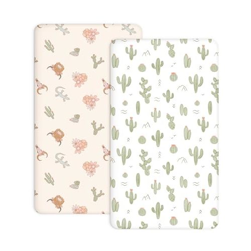 Crib Sheets for Boys and Girls, 2 Pack Fitted Baby Sheets for Standard Toddler Mattress 28" x 52", Soft Breathable Jersey Knit Baby Bedding (Cactus Cozy)