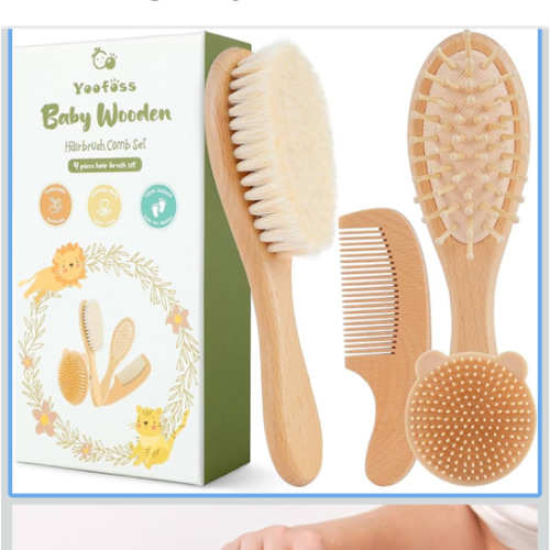 Yoofoss 4 Piece Baby Brush and Comb Set, Wooden Baby Brush with Natural Ultra Soft Goat Hair, Baby Hair Brush for Newborn, Baby Brush Set for Boy Girl
