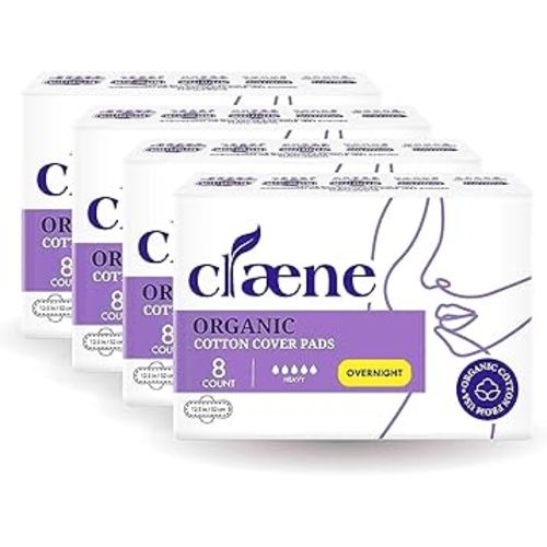 Claene Organic Cotton Cover Pads, Cruelty-Free, Menstrual Overnight Sanitary Pads for Women, Unscented, Breathable, Vegan, Organic Pads, Natural Sanitary Napkins with Wings(Overnight, 32 Count)