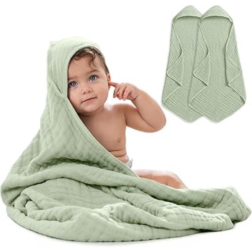 Comfy Cubs 2 Pack Baby Hooded 9 Layer Muslin Cotton Towel for Kids, Large 32” x 32”, Ultra Soft, Warm, and Absorbent. Baby Essentials Bath Towels, Cute Unisex Cover for Girls and Boys (2 Pack, Sage)
