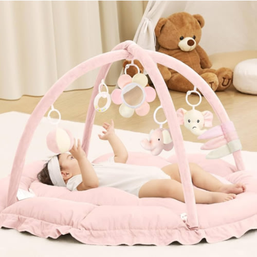 ANGELBLISS 5 in 1 Baby Play Gym Mat, Reversible Tummy Time Mat with 5 Sensory Toys for Stage-Based Developmental, Thick & Large Baby Activity Center from Newborn to Toddler (Pink)
