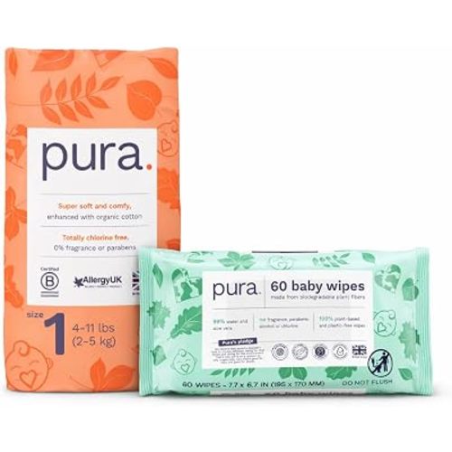 Pura Try Me Newborn Baby Bundle || Size 1 Diapers Trial Pack (3 Diapers, 4–11 lbs) + Sensitive Skin Baby Wipes (60 Wipes) Hypoallergenic & Fragrance Free