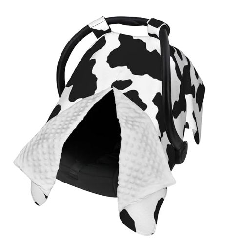 9CH Car Seat Covers for Babies, Peekaboo Opening Minky Car Seat Cover for Baby Mom Nursing Breastfeeding Covers, Winter Minky Baby Carrier Cover for Girls Boys (Cow) - Cow-2