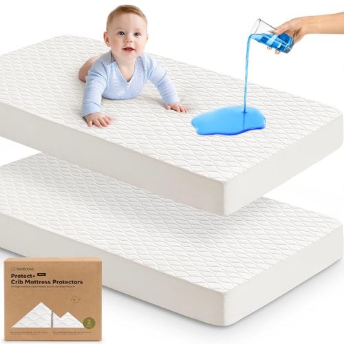 Waterproof Crib Mattress Protector Cover Fitted - 2-Pack Quiet Baby Mattress Topper Crib Sheets, 52" x 28" Soft Quilted Cotton Baby Sheet, Easy Fit, Durable Toddler Liner (Soft White)