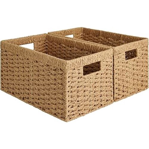 StorageWorks Round Paper Rope Storage Baskets, Rectangular Wicker Baskets with Built-in Handles, Medium, 13 ¼ x 8 ½ x 7 ¼ inches, 2-Pack