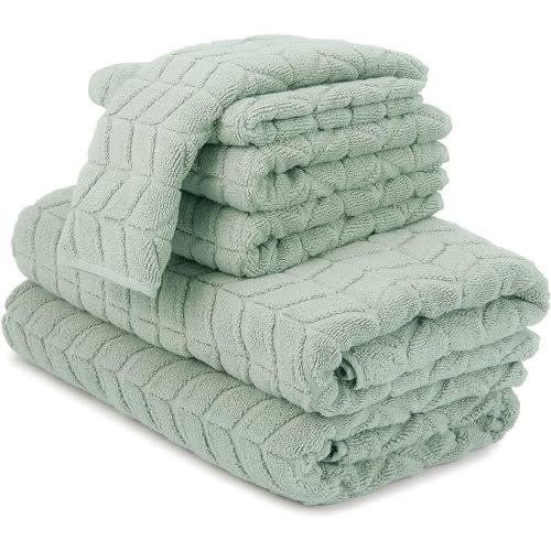 Alusa Home Ultra Soft & Plush 700 GSM Luxury Bath Towels | 100% Zero-Twist, Long-Staple Cotton | Remarkably Absorbent & Extra Large | 6 Piece Towel Set (Eucalyptus Green) - Chevron (6pc Towels)