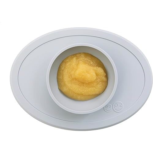 ezpz Tiny Bowl (Pewter) - Silicone Baby Bowl with Suction for 6 Months + - Built-in Placemat - First Foods + Baby Led Weaning - Fits on All Highchair Trays - Suction Bowls for Baby