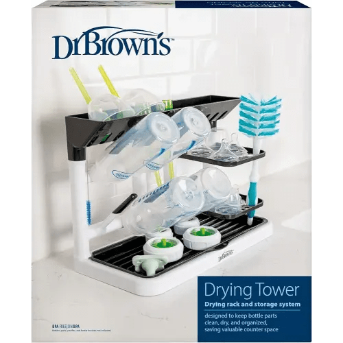 Dr. Brown's Baby Bottle Drying Tower, Stand-Up Countertop Drying Rack with Organized Storage for Baby Essentials, Space Saving Vertical Rack, Black/White
