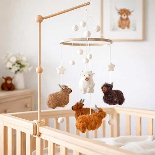 Handmade Felt Highland Cow Nursery Mobile, Highland Cow Crib Mobile for Boys & Girls, Boho Nursery Decor, Natural Wool Highland Cow Hanging Mobile, Unique Baby Shower Gift, Handcrafted in Nepal