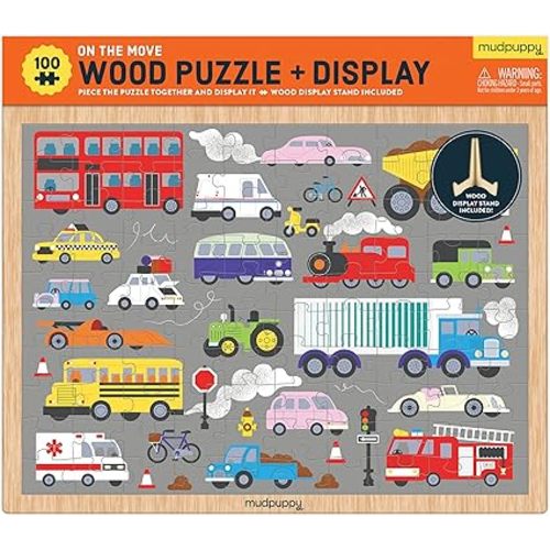 Mudpuppy’s On The Move 100 Piece Wood Puzzle, Includes 100 Wooden Jigsaw Pieces, Colorful Illustrations of Your Favorite Vehicles, Ages 5+, Display Stand Included, Turn Your Puzzle into Home Décor!