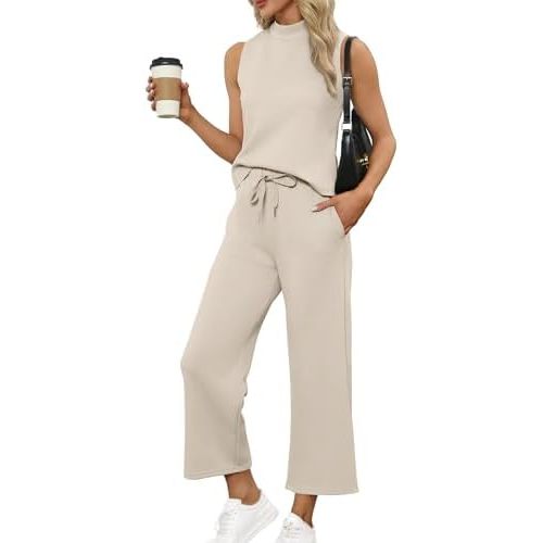 SAMPEEL Two Piece Sets for Women Summer Outfits Lounge Sets Mock Neck Tops Wide Leg Crop Pants Vacation Travel Outfits