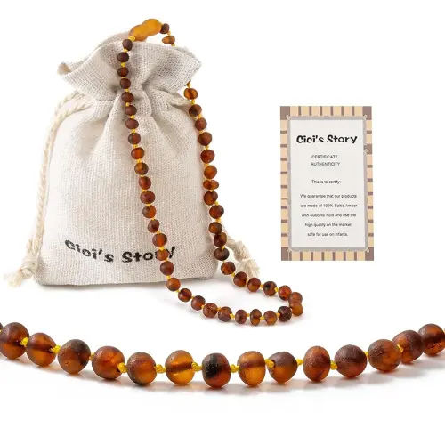 Baltic Amber Necklace(Unisex)(Cognac Raw)(13 Inches) - Raw not polished Beads - Knotted between beads