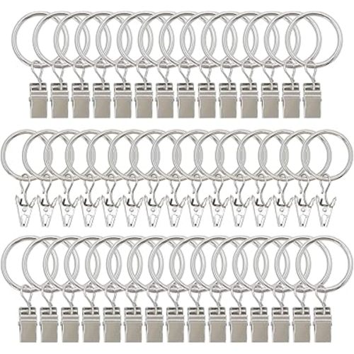 44 Pack Metal Curtain Rings with Clips, Drapery Clips with Rings, Curtain Hangers Clips, Drapes Rings 1 inch Interior Diameter,Silver