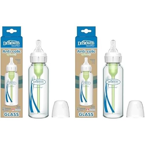 Dr. Brown’s Natural Flow® Anti-Colic Options+™ Narrow Glass Baby Bottle 8 oz/250 mL, with Level 1 Slow Flow Nipple, 2 Pack, 0m+
