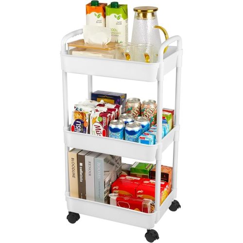 Vtopmart 3 Tier Rolling Cart with Wheels, Detachable Utility Storage Cart with Handle and Lockable Wheels, Storage Basket Organizer Shelves, Easy Assemble for Bathroom, Kitchen, White