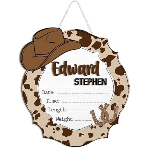 Personalized Baby Name Signs, Baby Birth Announcement, Cowboy Baby Name Signs for Nursery Décor, 2 Layers Wood Birth Stat Sign for Baby Photography Prop, Western Décor Baby Shower