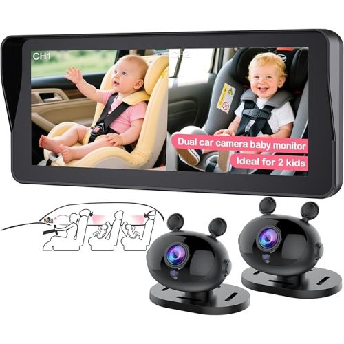 Wkzay Dual Baby Car Camera for 2-Kids: 6.9 Inch HD 1080P Split Display with 2 Night Vision Carseat Cameras - 360° Rotation, Easy Install for New Parents