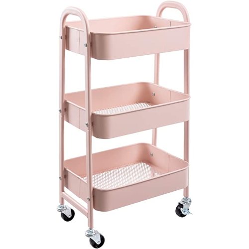 AGTEK Makeup Cart, Movable Rolling Organizer Cart, 3 Tier Metal Utility Cart, Rosiness