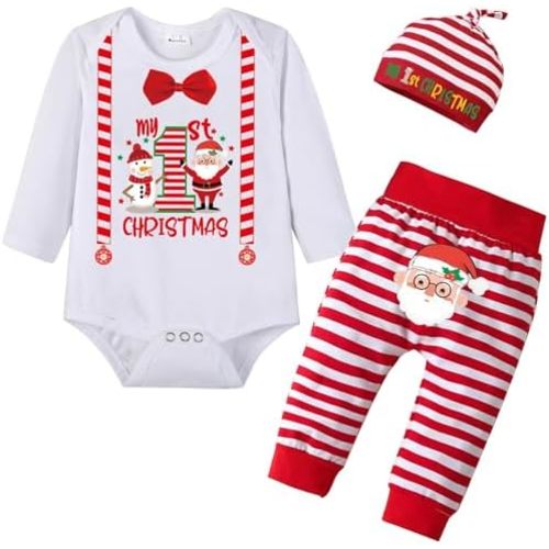 My 1st Christmas Outfit for Baby Boy Girl, Newborn Infant First Xmas Romper + Pants + Hat + Santa Claus Elf Clothes Sets