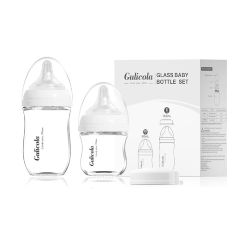 Natural Glass Baby Bottle Newborn Set, 3 oz and 5 oz with Extra Slow Flow & Slow Flow Nipple, Anti Colic, 0-3 Months, 2 Pack - White